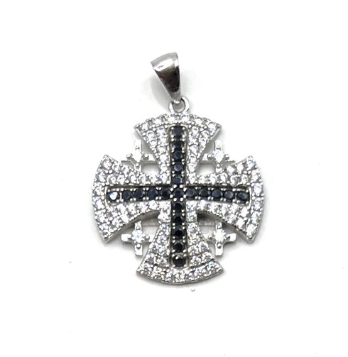 Sterling Silver Colored Pave Stone Jerusalem Cross Pendant